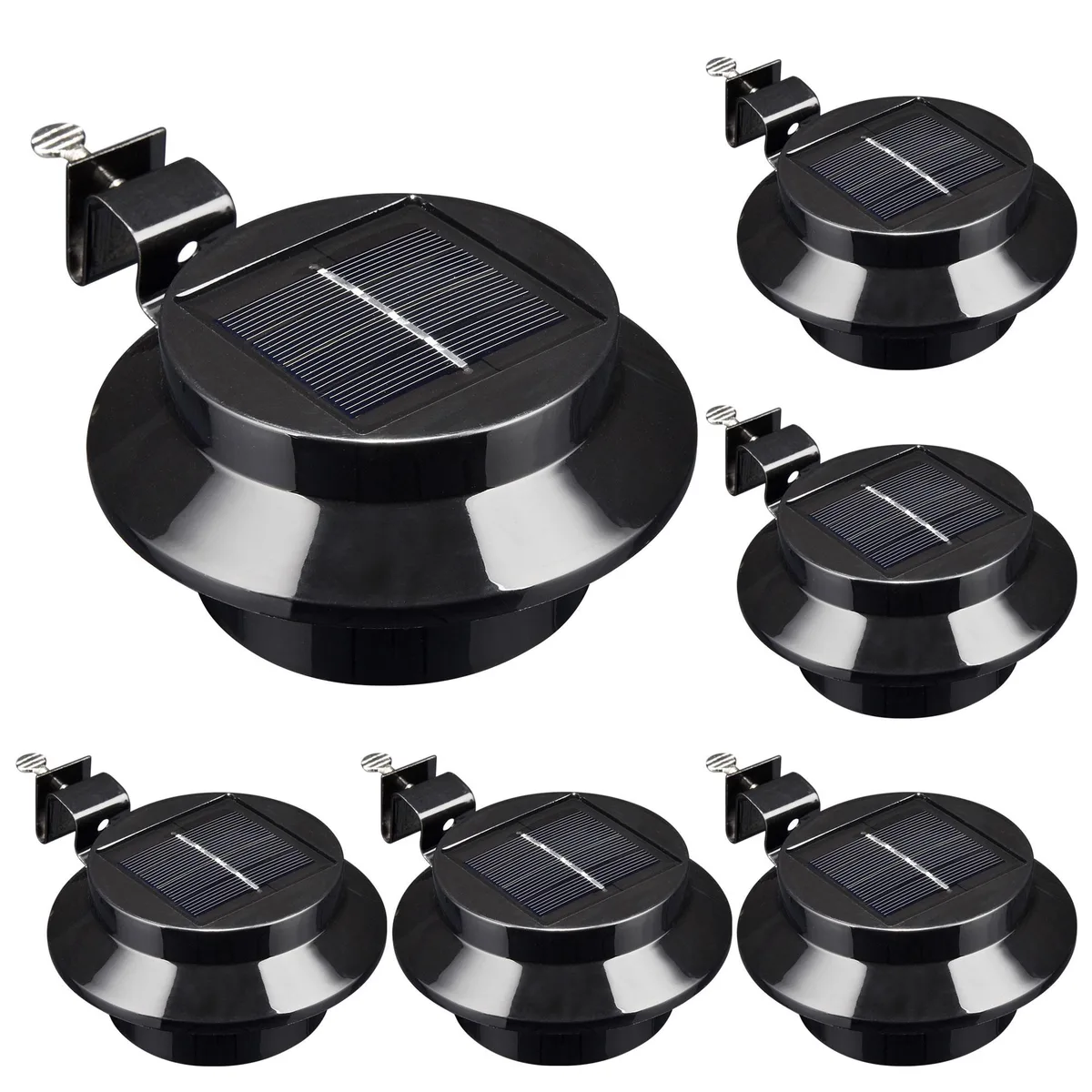 Six black rectangular solar gutter lights with top panels and front lenses