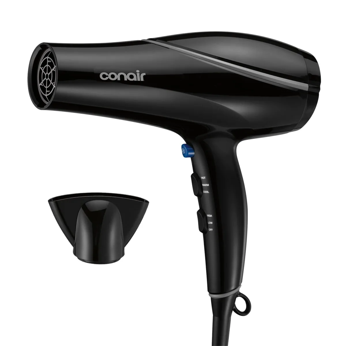 Black hair dryer with concentrator nozzle, lightweight cylindrical body, matte finish