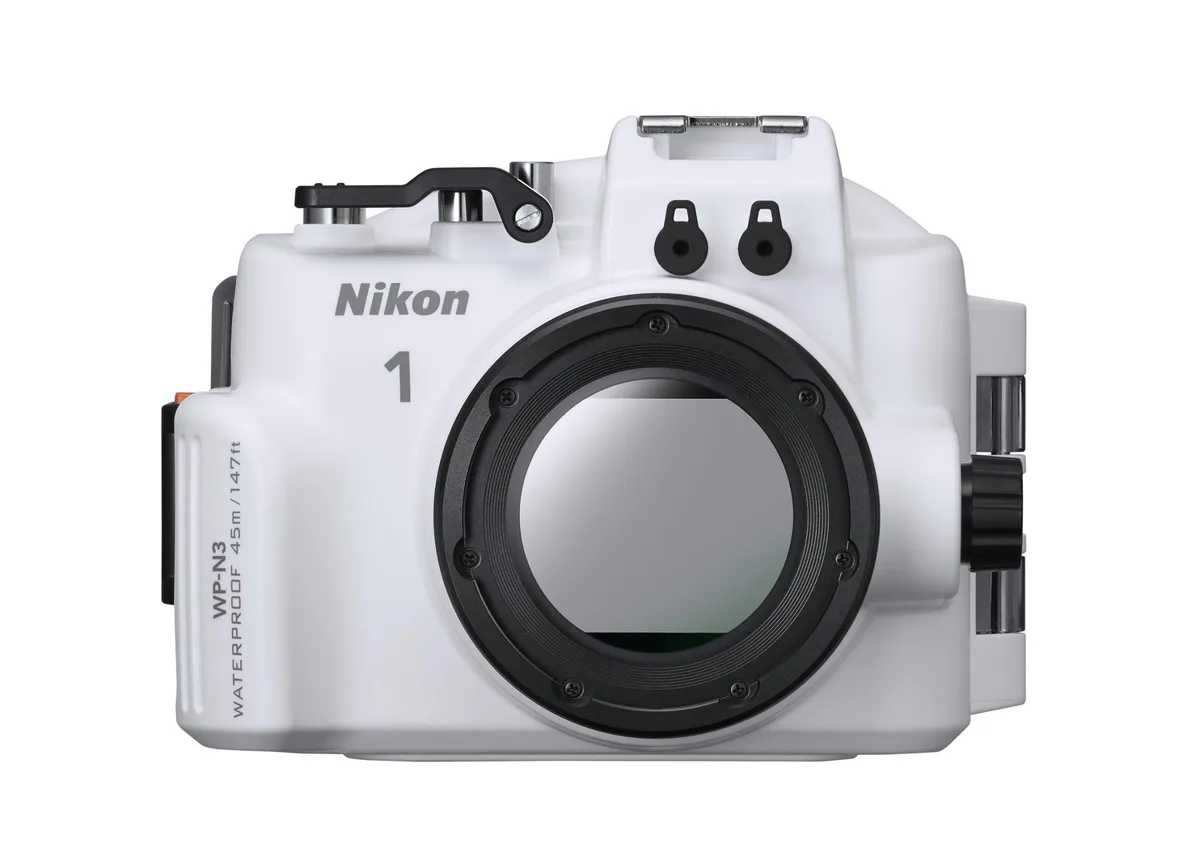Black and white waterproof camera housing with lens port and top cold shoe mount