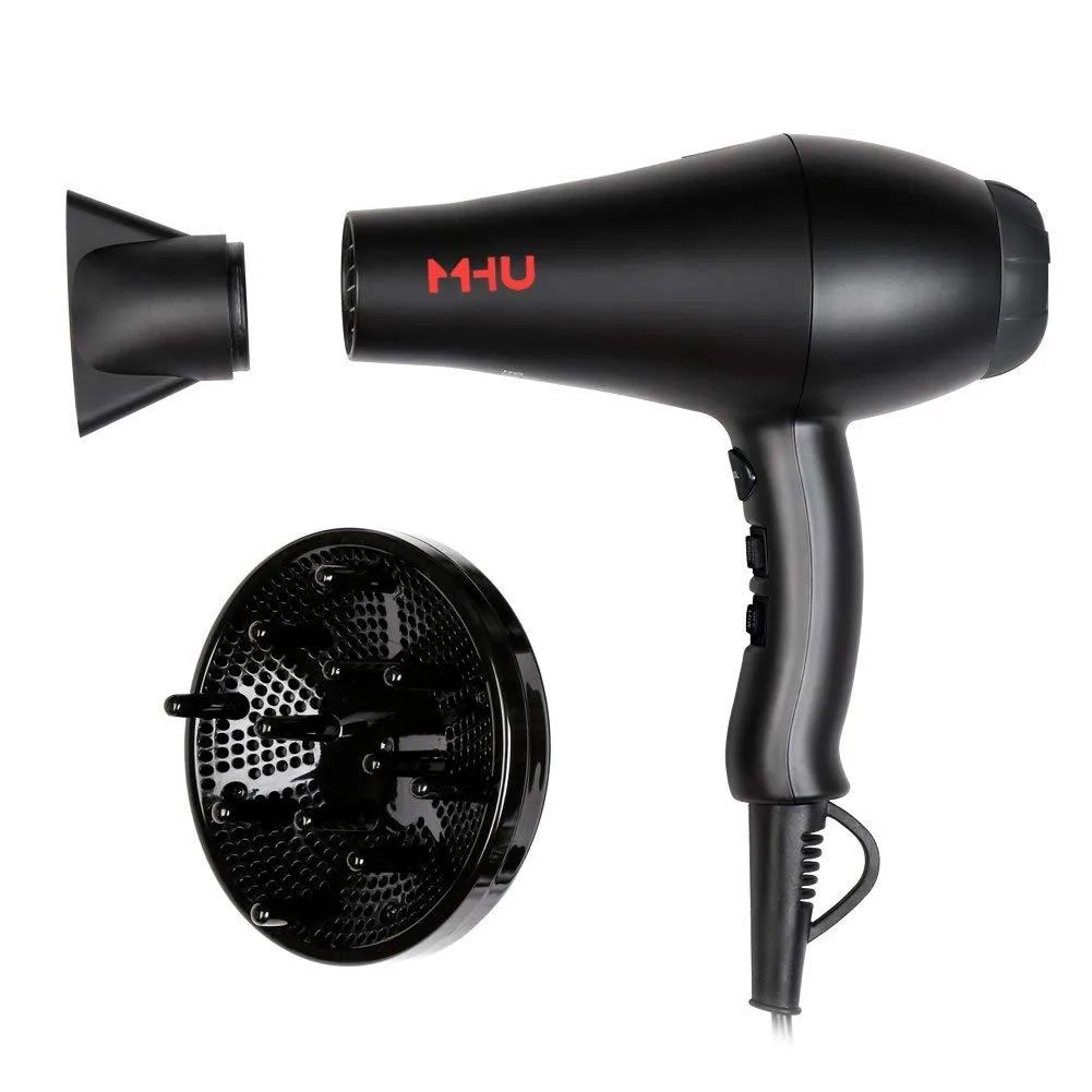 Black hair dryer with concentrator and diffuser attachments, matte finish, compact handheld shape