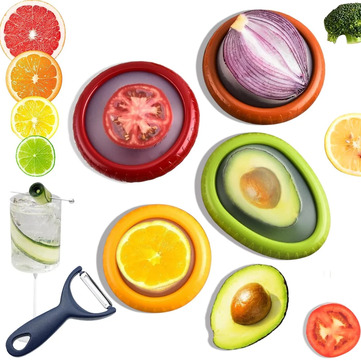 Set of four brown avocado-shaped silicone food containers with rotating lids