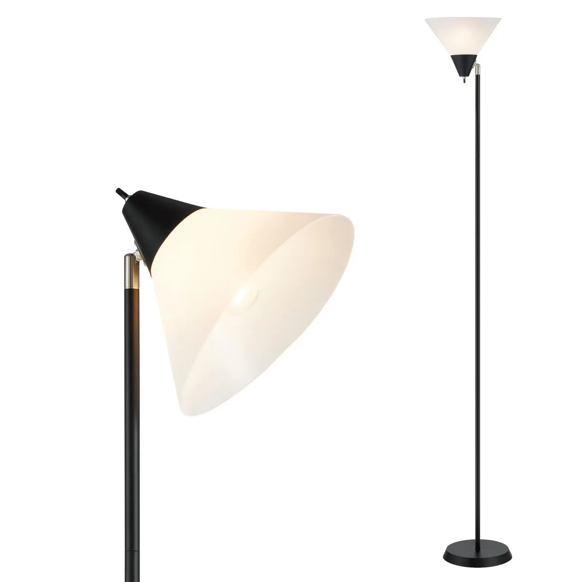 Black floor lamp with frosted white acrylic cone shade and adjustable head, 71 inches tall
