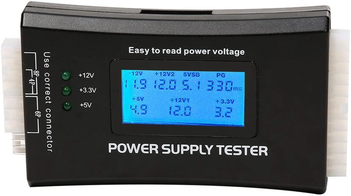 Black rectangular LCD power supply tester with 20/24 pin ATX connector and multiple test ports