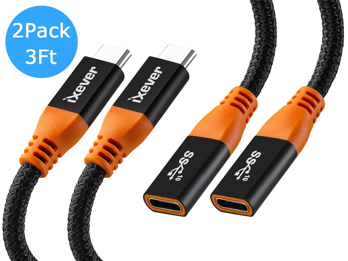 iXever iXever IXUC10FM-2P USB-C 3.1 Gen2 10Gbps extension cable 3.3 ft 2-pack — product photo