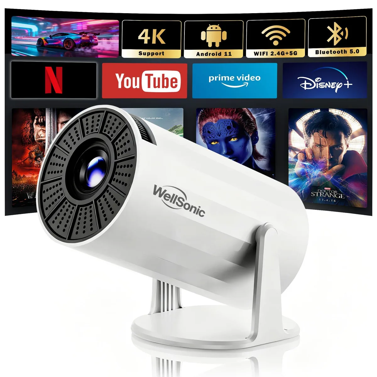 Compact white rectangular projector with rounded edges, lens on front, small enough to hold in one hand