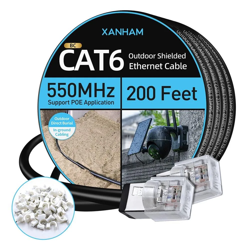 Blue outdoor Ethernet cable coiled, shielded FTP construction, solid copper conductors, waterproof UV-resistant jacket, RJ45 connectors