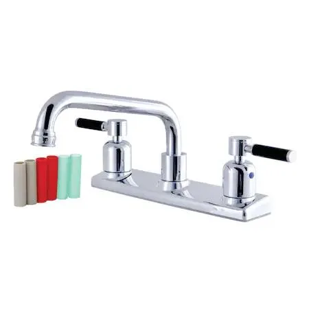 Polished chrome centerset kitchen faucet with black rubber coated handles