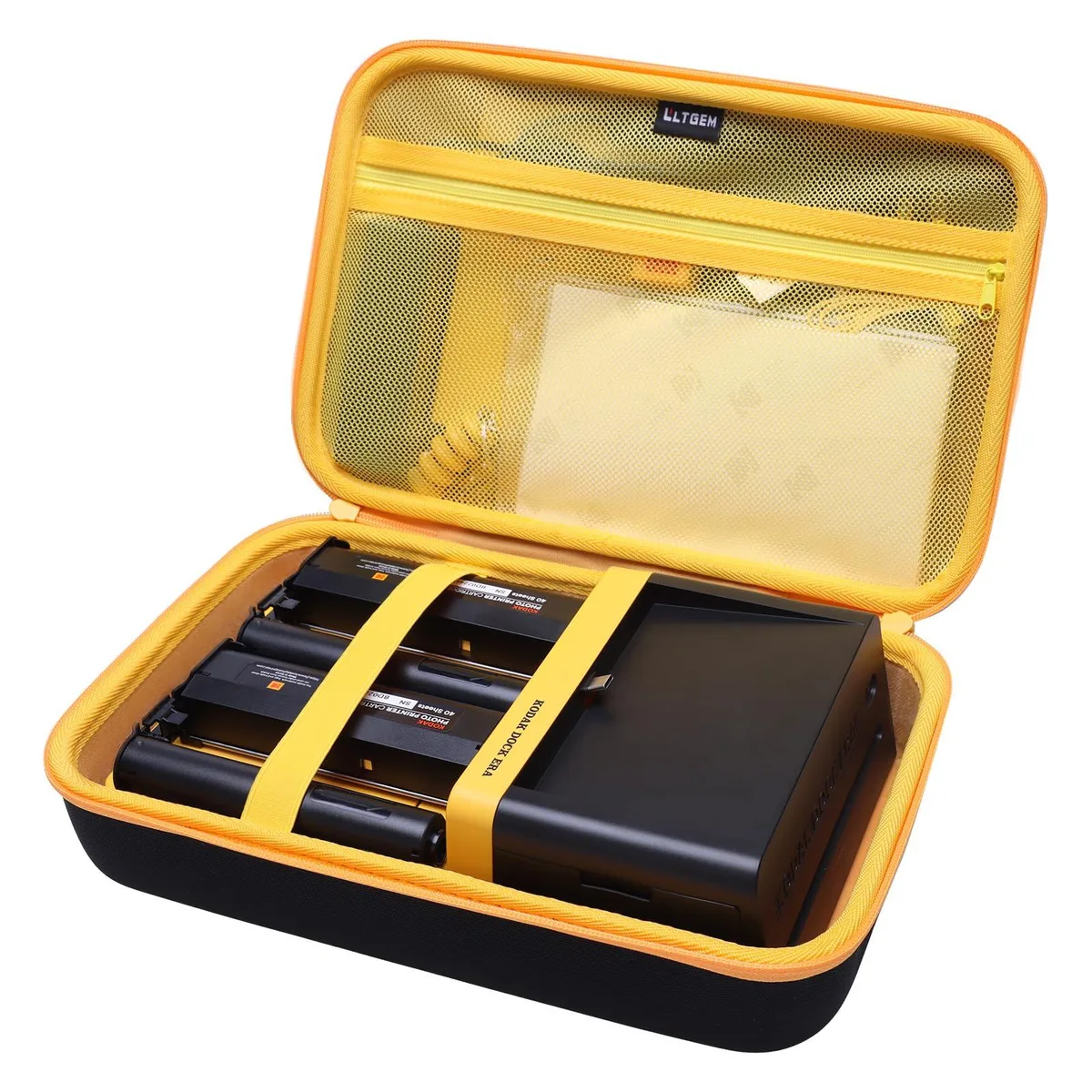 Black hard-shell case with rubber handle and zipper, 12.7 x 8.5 x 4.6 inches