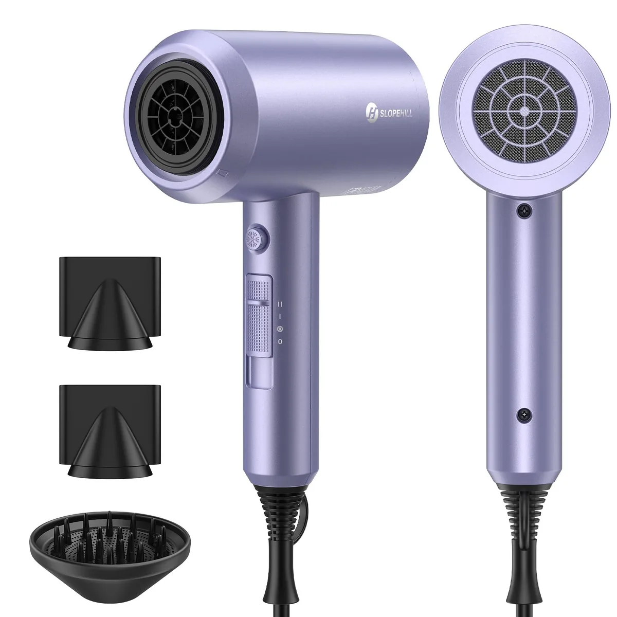 Lavender hair dryer with concentrator nozzles and diffuser attachment