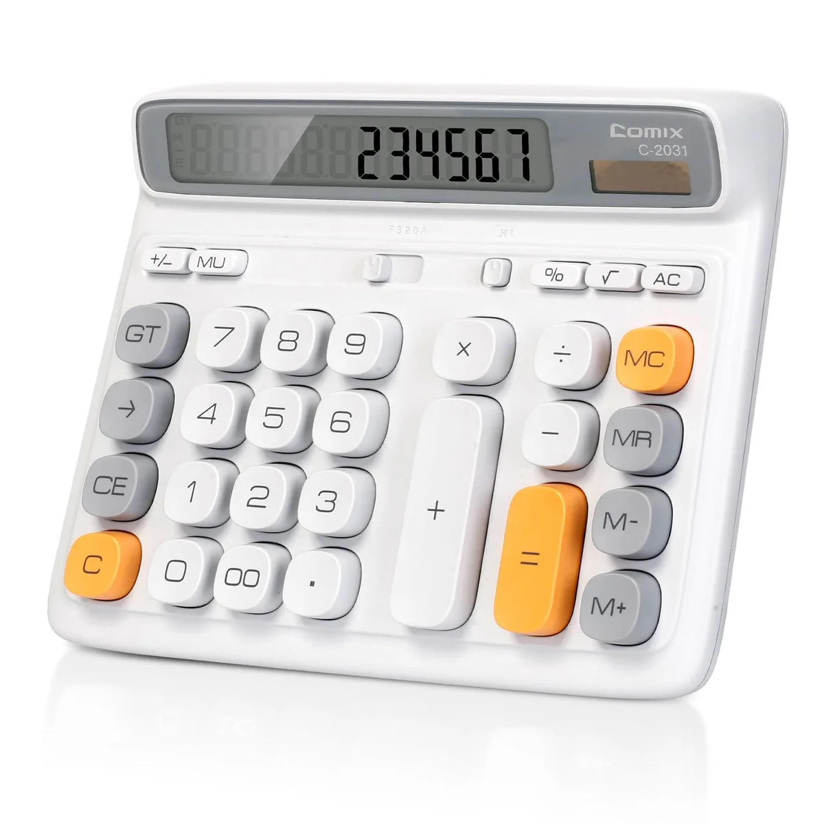 Pink desktop calculator with large tilted LCD and rounded keys
