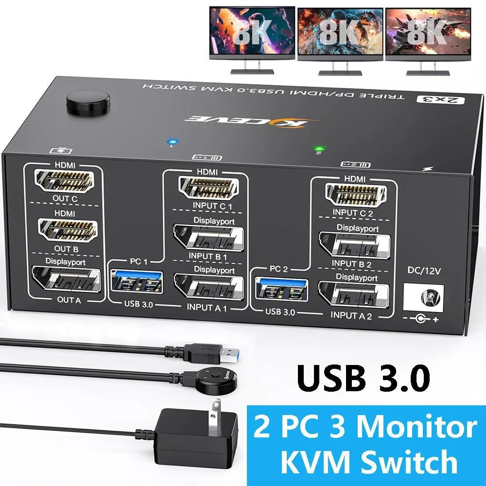 WRIARICH WRIARICH DP 1.4 + HDMI 2.1 KVM Switch 2 PC 3 Monitor 4 USB 3.0 — product photo