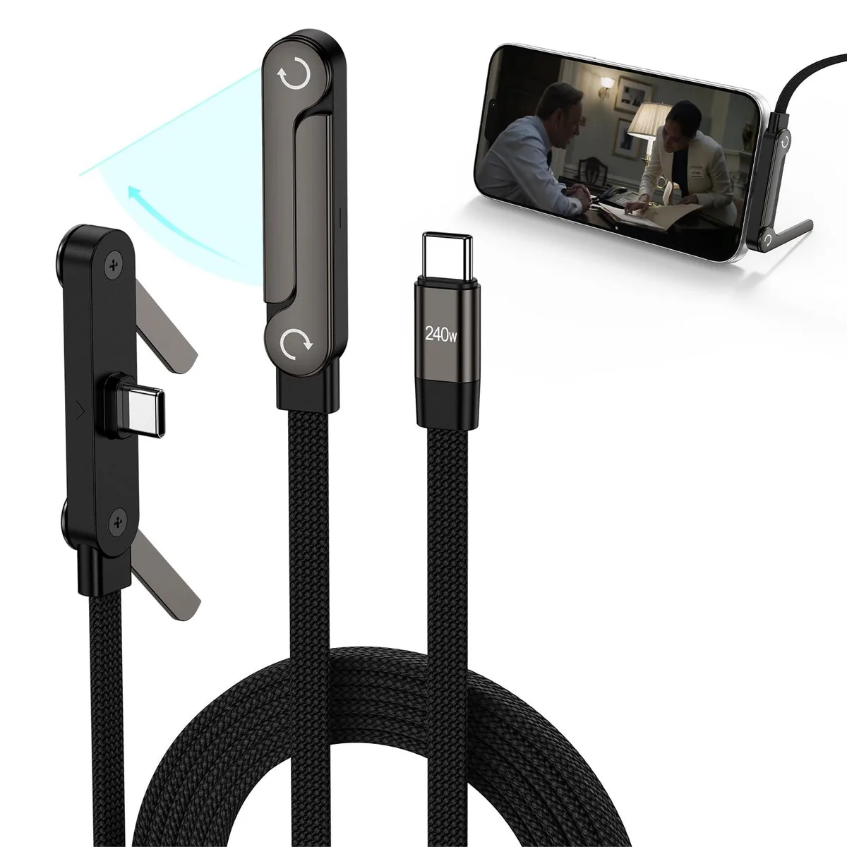 Orange USB-C cable with 90-degree connector and foldable stand bracket