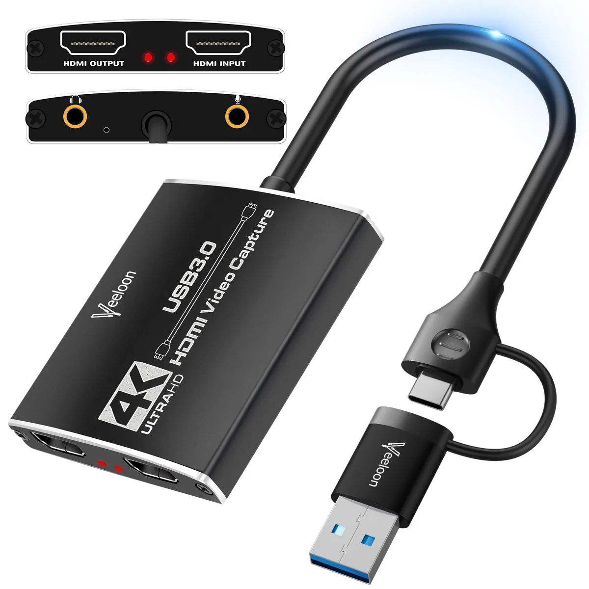 Small grey aluminium capture card with HDMI ports and 3.5 mm audio jacks