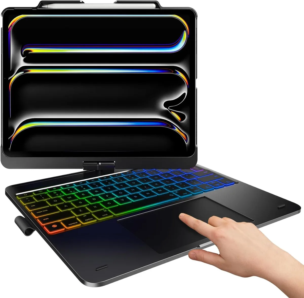 Black keyboard case with built-in trackpad and 360° rotatable hinge for 13-inch iPad Air and 12.9-inch iPad Pro