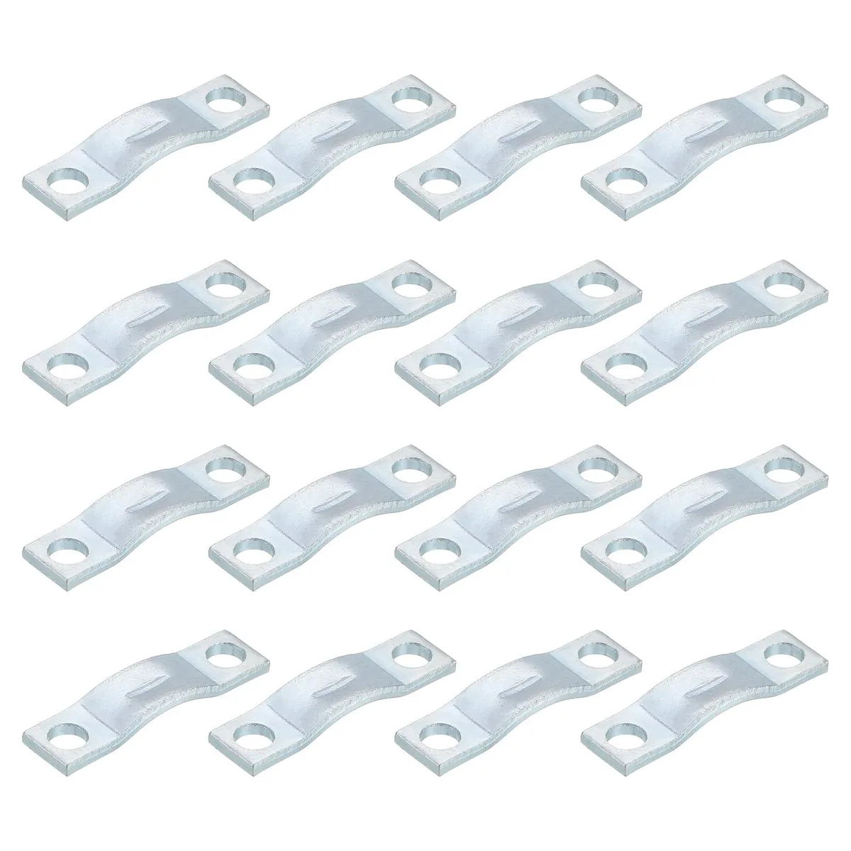Sixteen silver U-shaped stainless steel pipe clamps with two mounting holes each