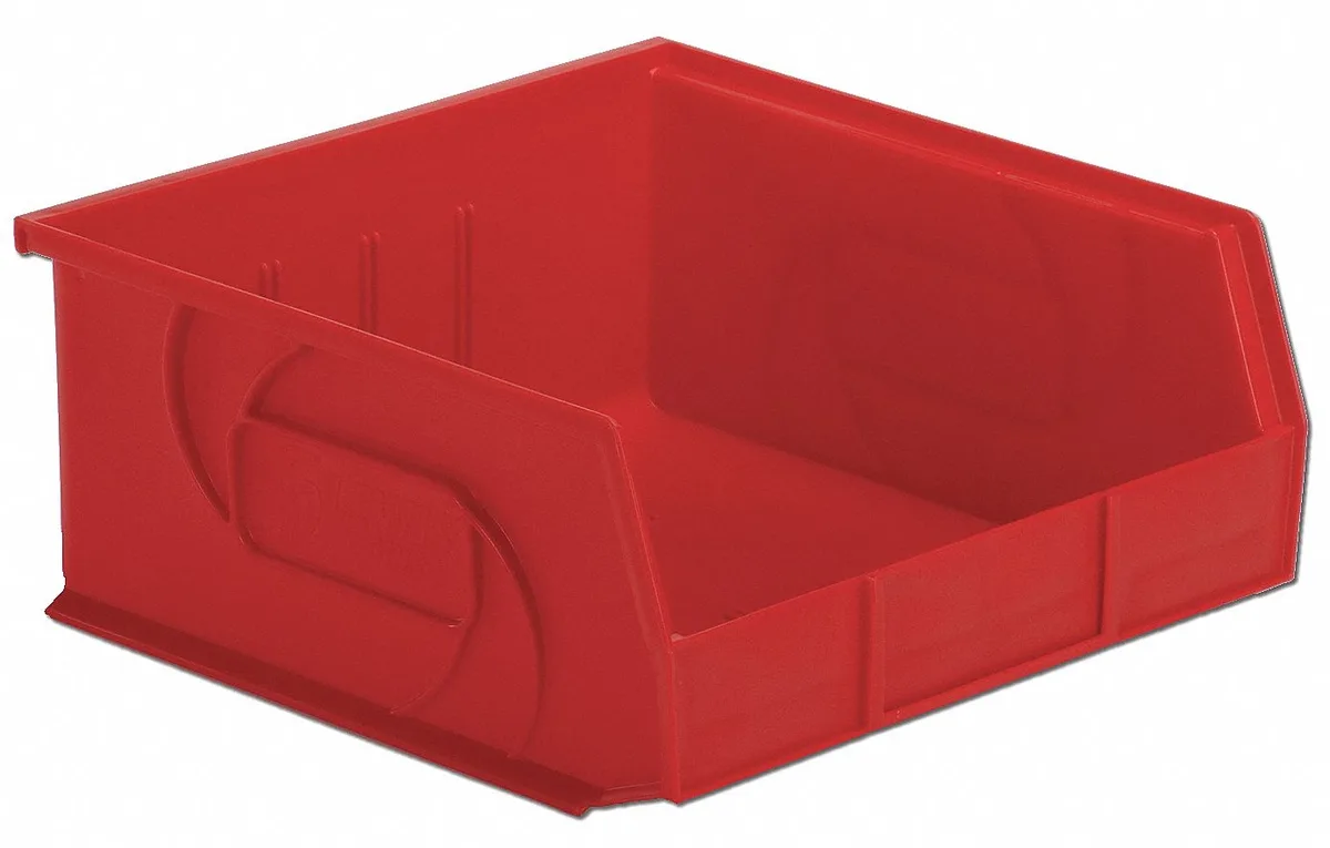 Red plastic storage bin with label holder and divider slots