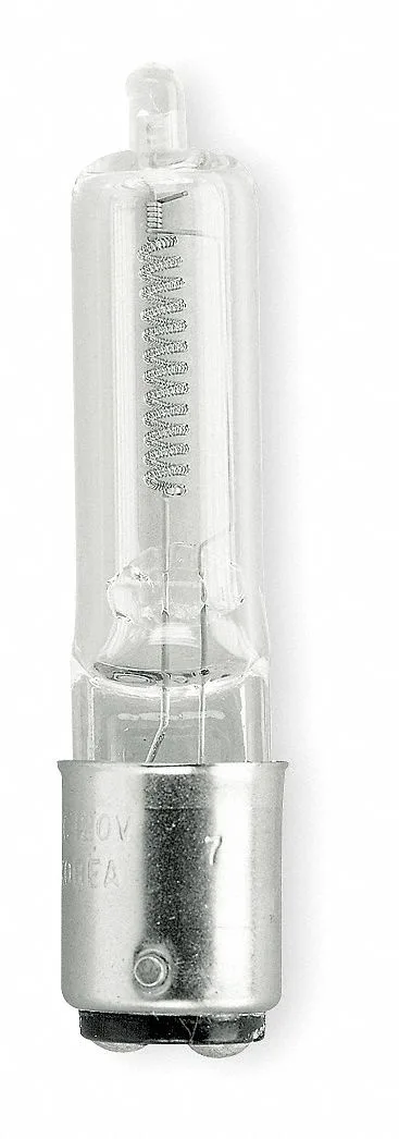 Clear tubular halogen bulb with double-contact bayonet base and satin stainless steel fixture