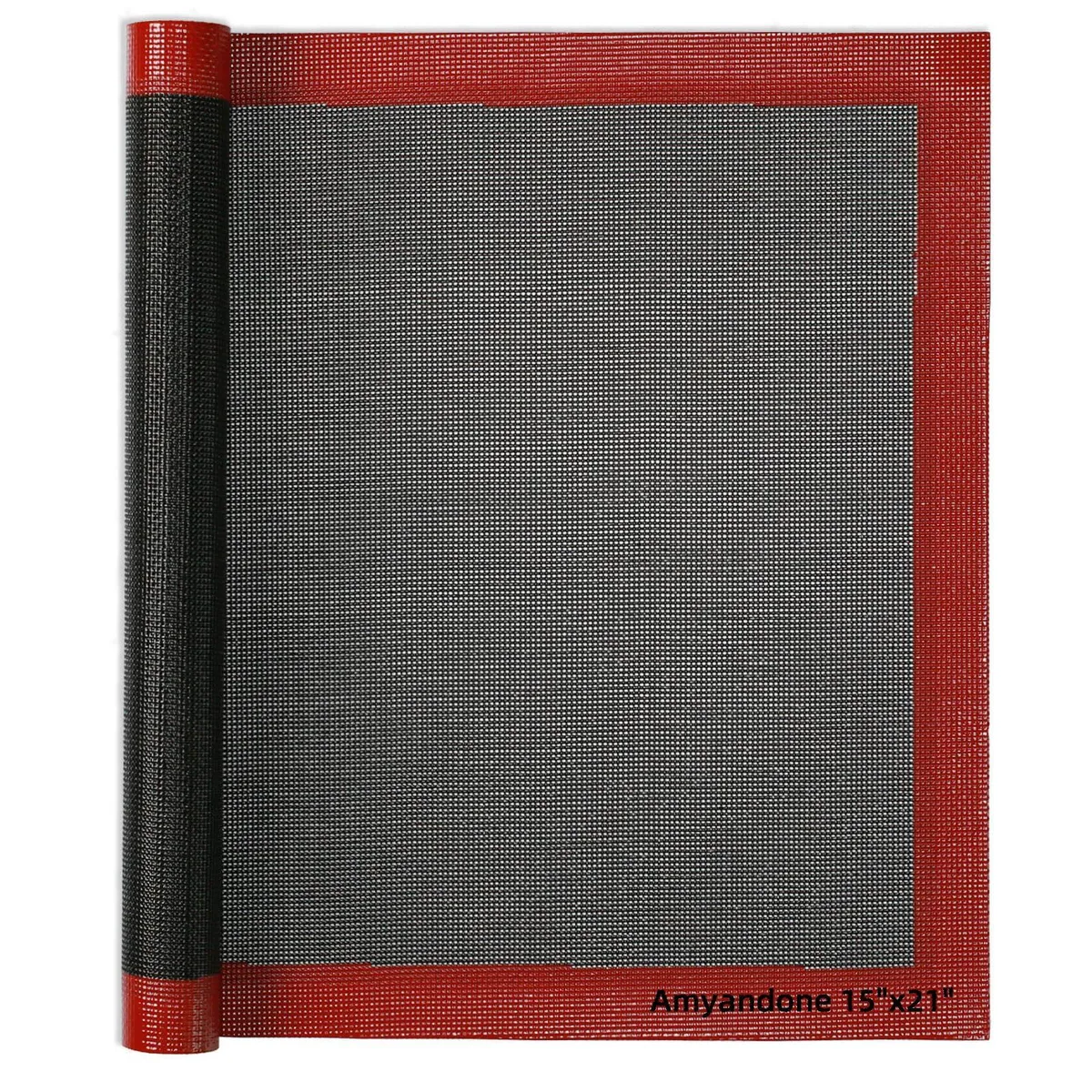 Black perforated silicone baking mat with red trim, two-thirds sheet pan size