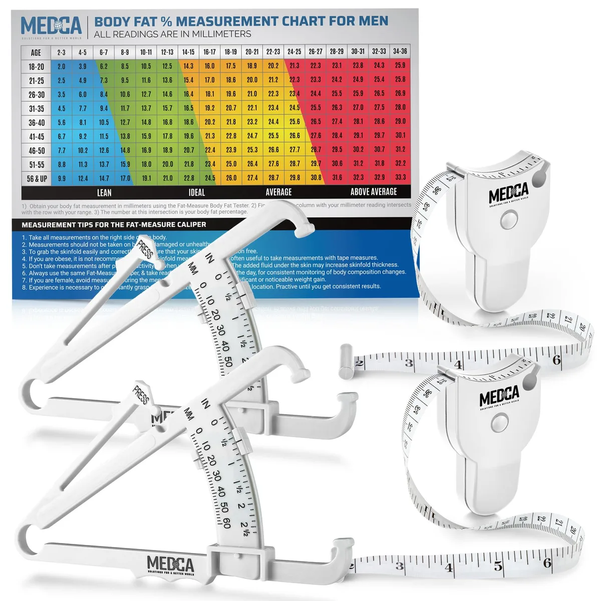 MEDca MEDca Body Fat Caliper &amp; Measuring Tape Set, 2 Kits, 60 in / 150 cm, White, Home Health Care — product photo