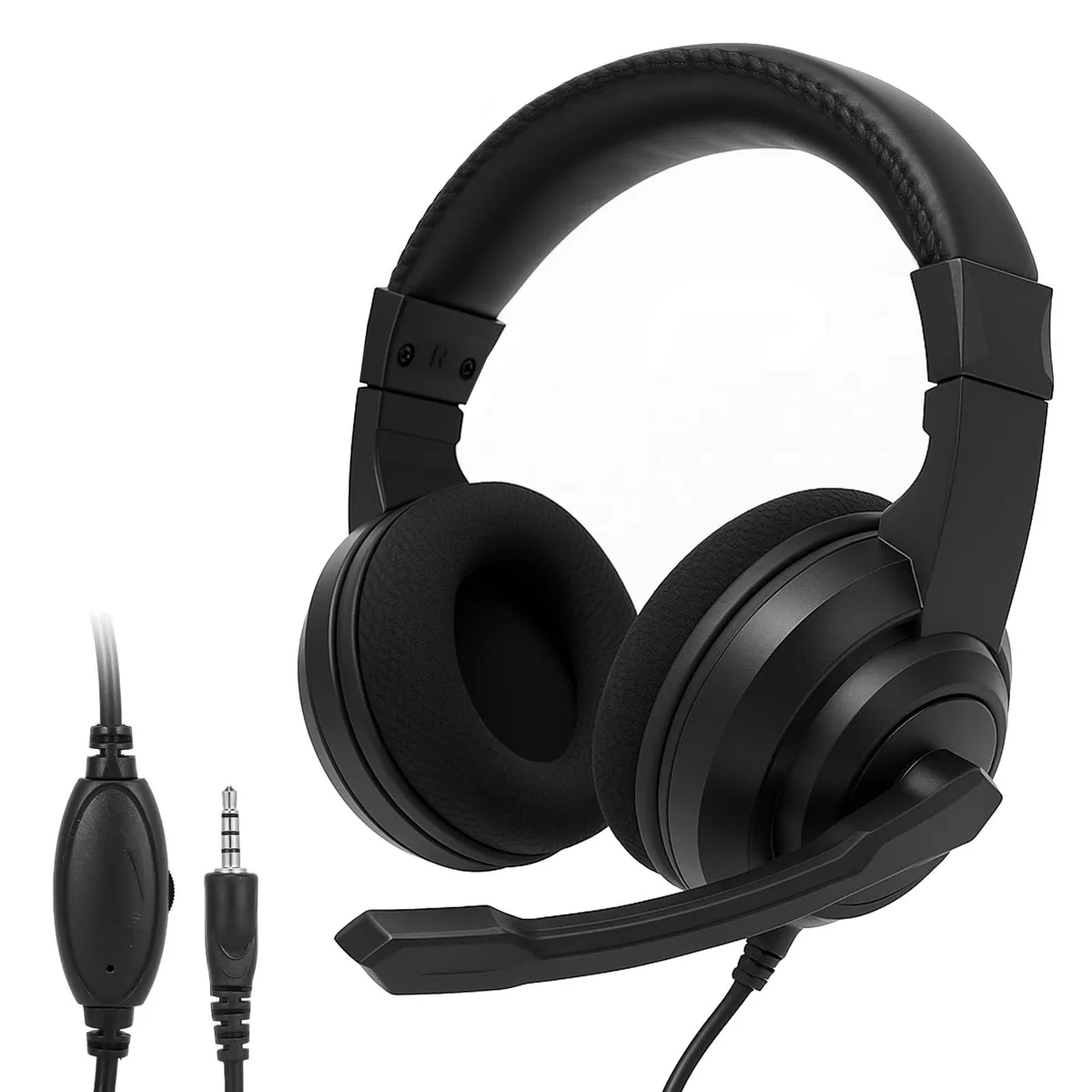 Black on-ear wired headset with flexible boom mic and inline volume control