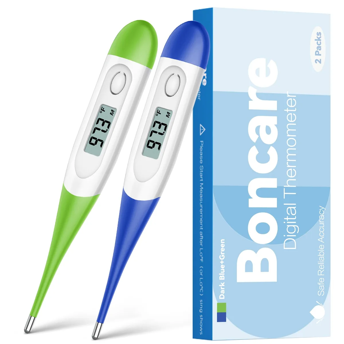 Two slim digital thermometers, dark blue and green, with soft tips and LCD screens