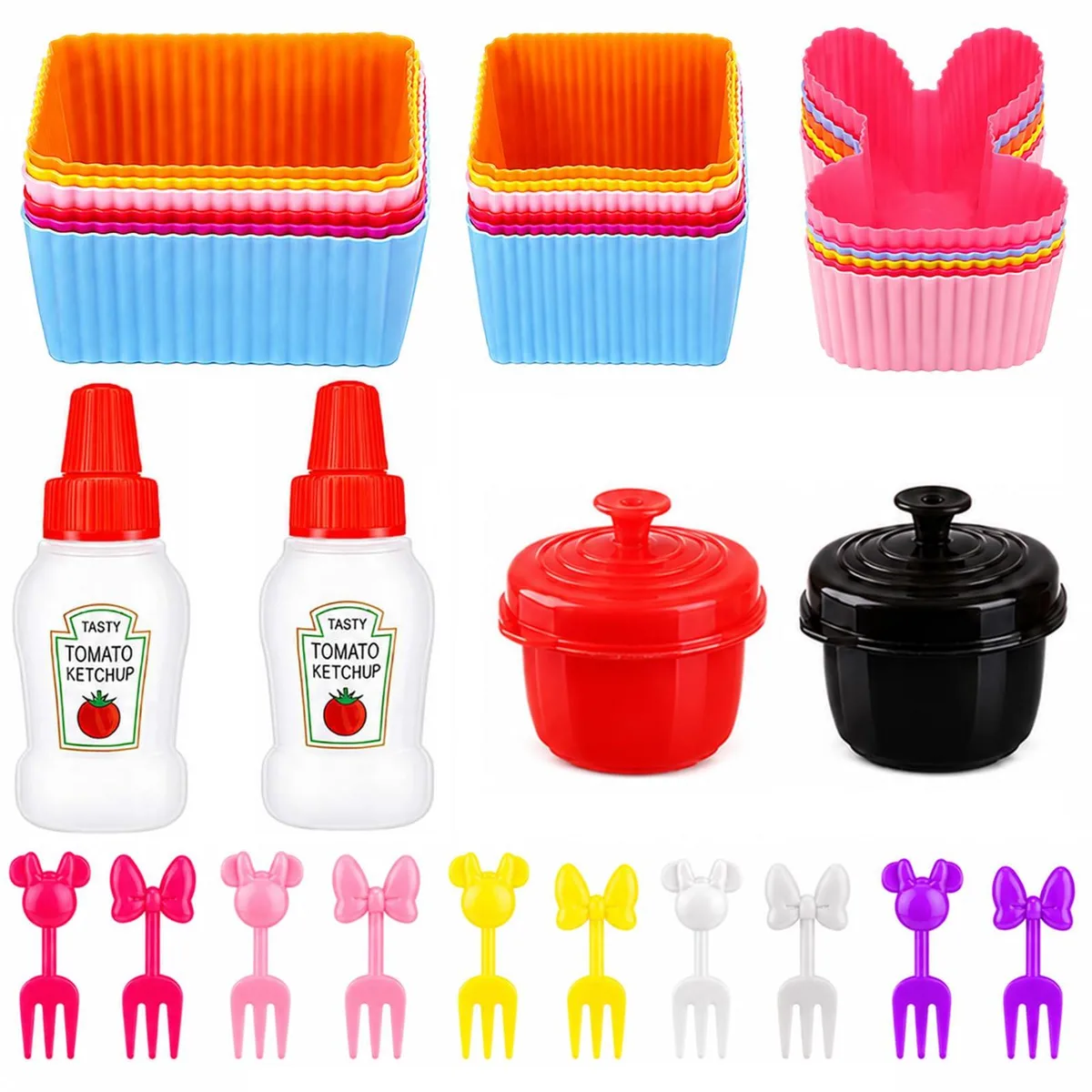 Red 32-piece bento set with silicone dividers, condiment bottles, dressing cups and food picks