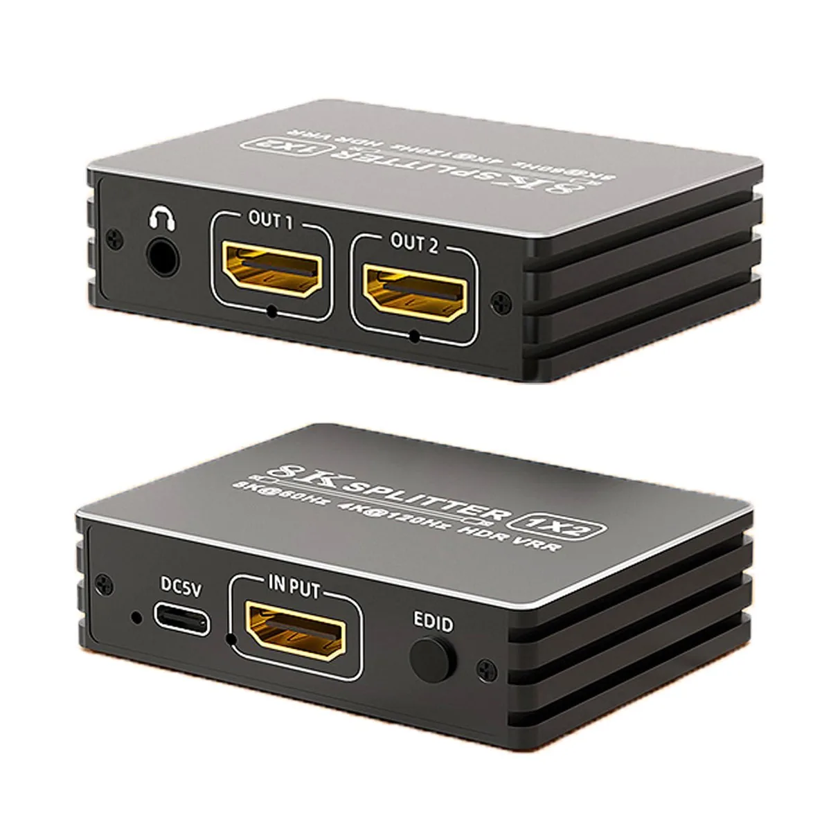 Small black HDMI splitter box with multiple ports and EDID button