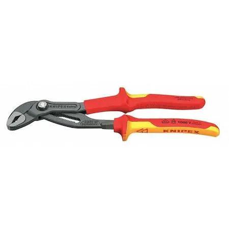 Red and yellow insulated 10 inch water pump pliers with polished jaws and push-button adjustment