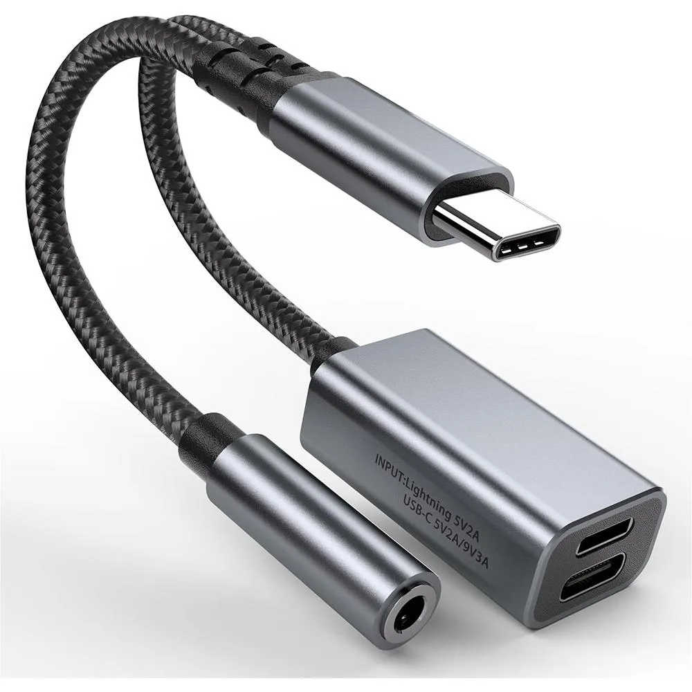 AUTYUE AUTYUE USB-C to 3.5mm Audio Adapter 3-in-1 PD 27W Lightning 10W Gray — product photo
