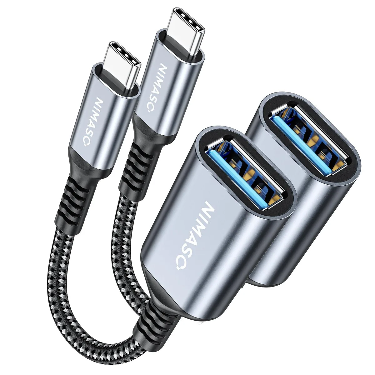 Two short metallic USB-C to USB-A adapters with braided cable