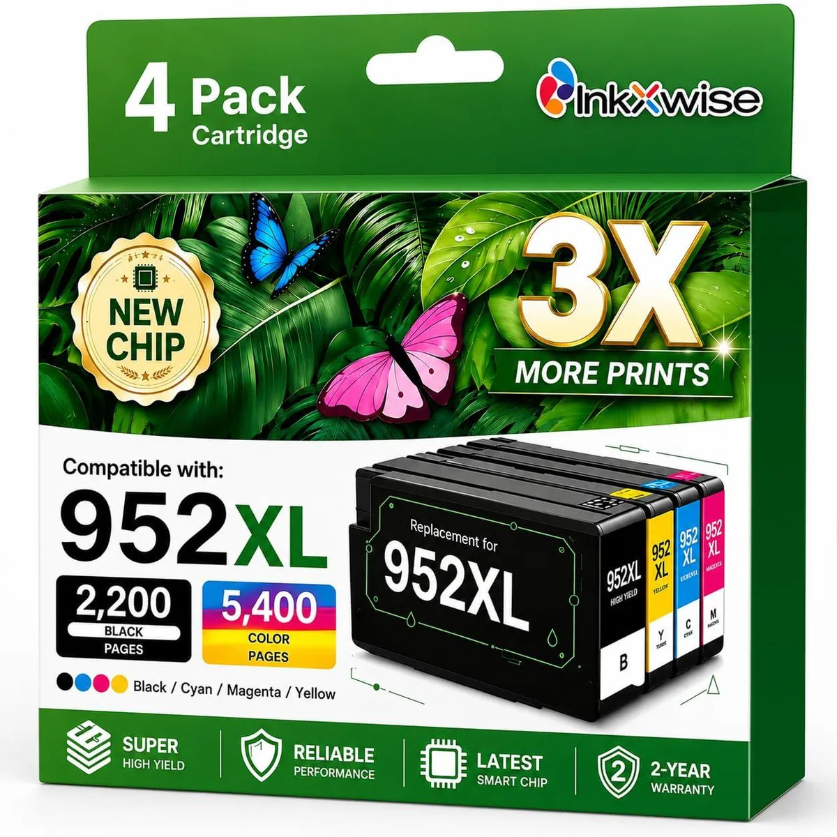 Four rectangular ink cartridges in black cyan magenta yellow standing side by side