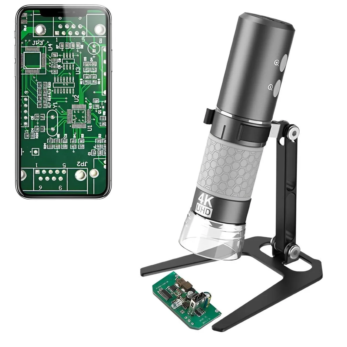 Grey handheld microscope with metal stand and eight LED lights