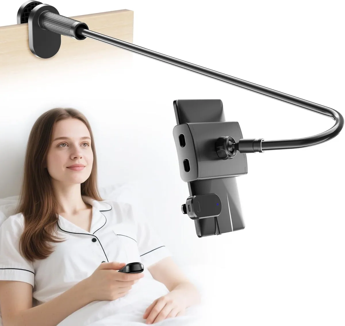 Flexible gooseneck tablet holder with remote page turner, adjustable clamp 4.5 to 7.2 inches