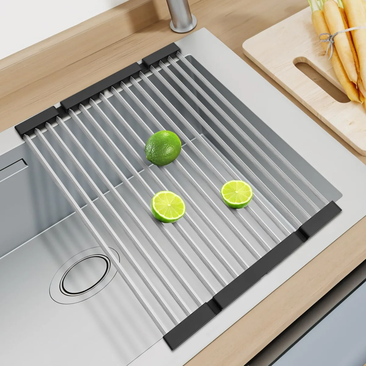 Red foldable over-sink drying rack with stainless steel triangular tubes and silicone ends