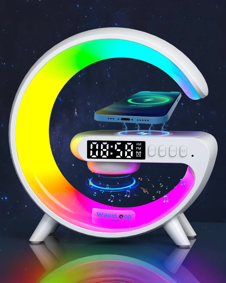 Compact white G-shaped bedside clock with wireless pad and light ring