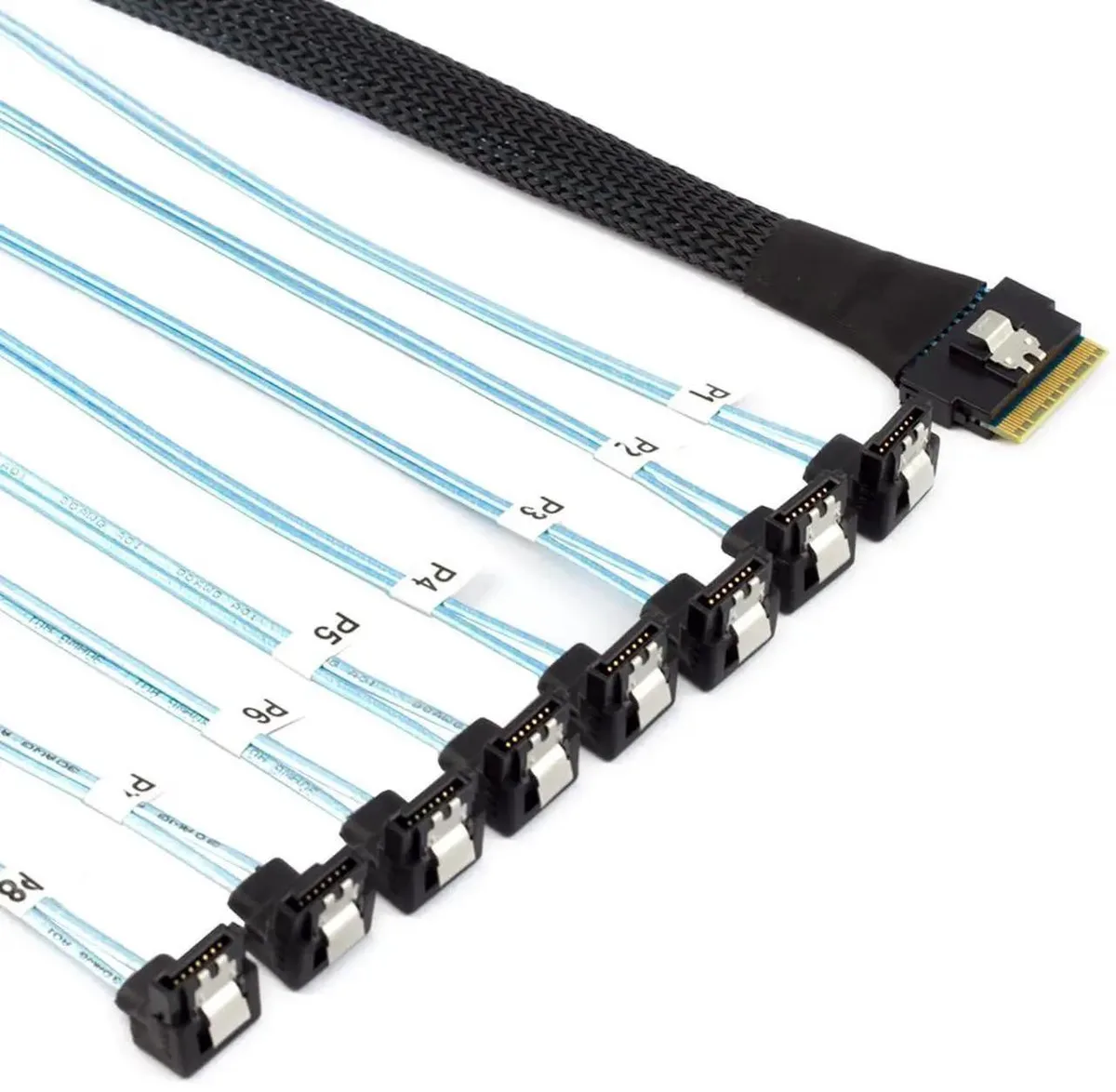 Short blue breakout cable with one SFF-8654 8i plug and eight right-angle SATA connectors