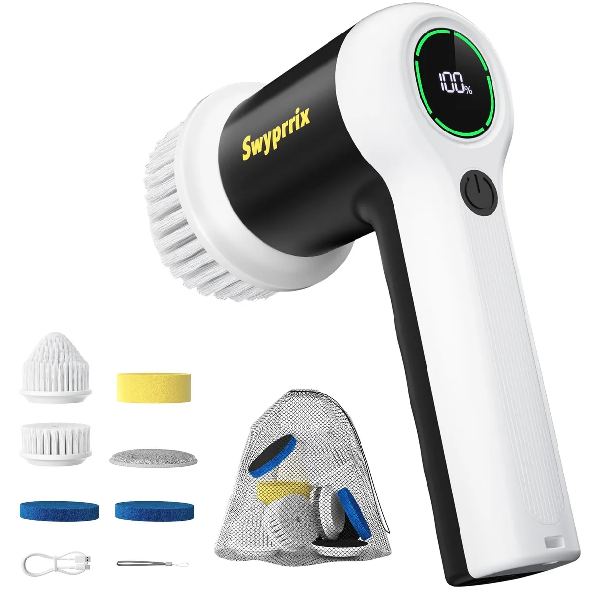 White cylindrical electric spin scrubber with interchangeable brush heads and LCD display