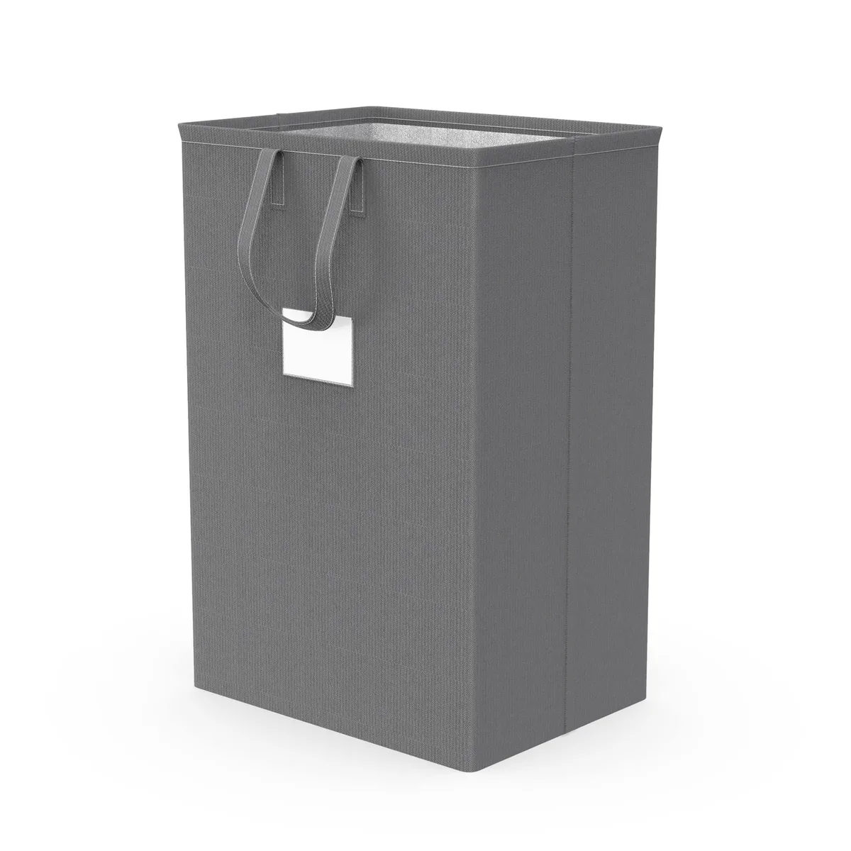 Grey freestanding laundry hamper with metal top frame and side handles