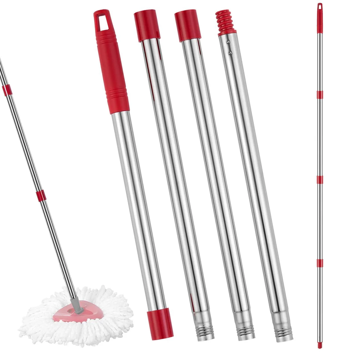 Silver stainless-steel mop handle in four threaded sections, adjustable to 30, 44 or 58 inches