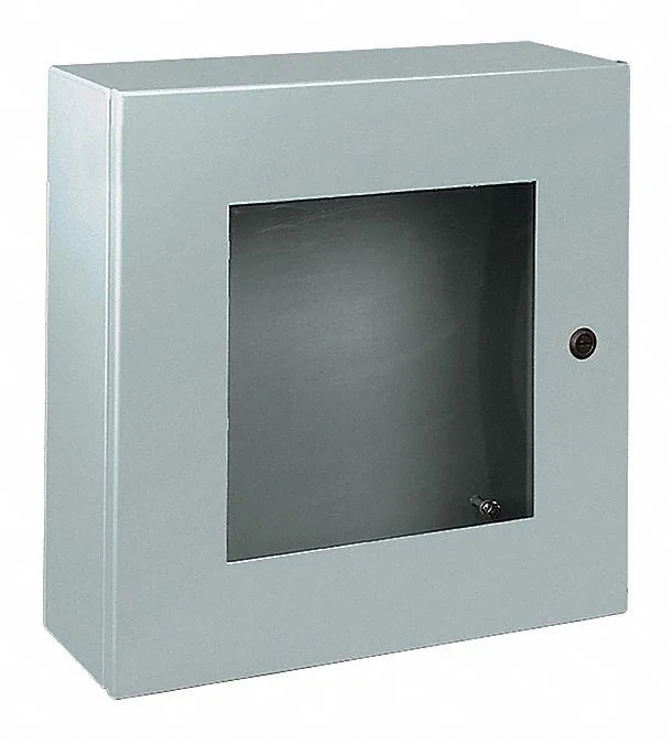 Gray painted carbon steel wall-mount enclosure, hinged clear cover, quarter-turn latches, 20 by 8 inches
