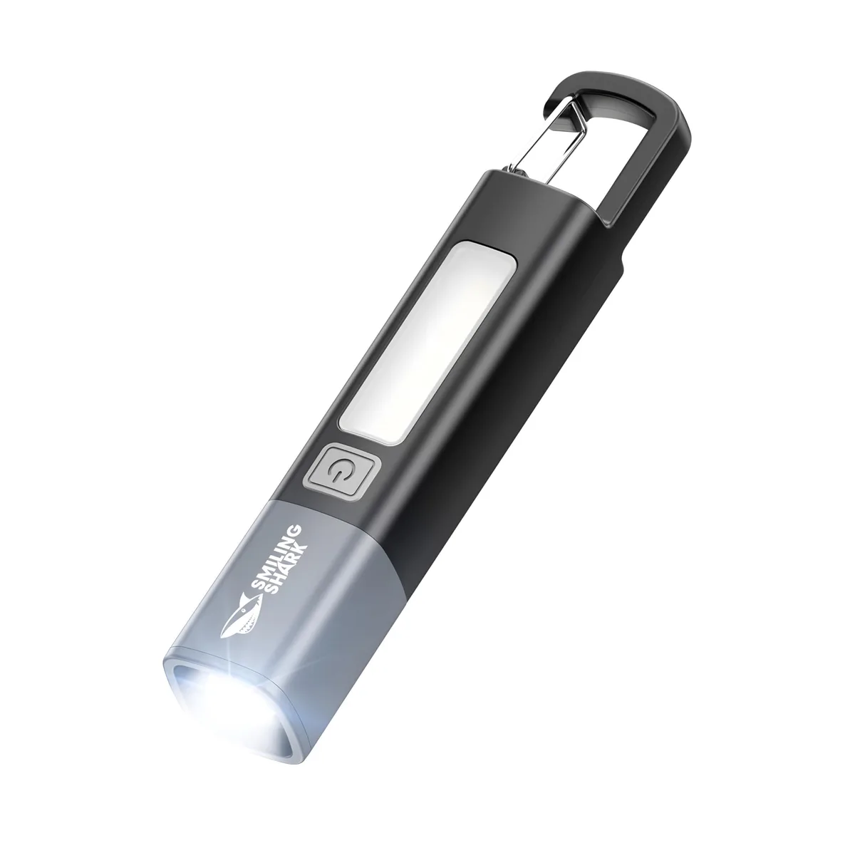Black cylindrical flashlight with side COB light and top hook