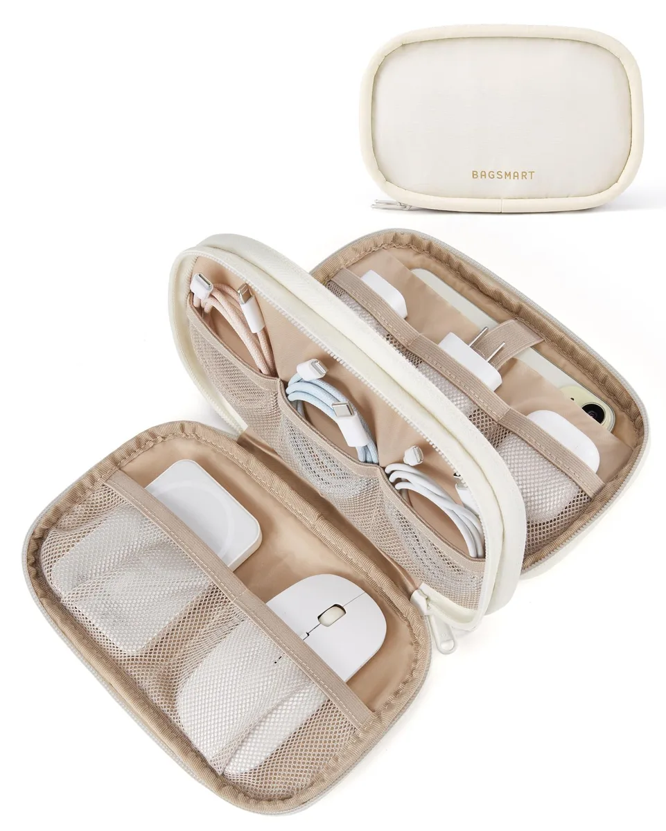 Beige puffy electronics organiser with zipper, two-layer design, small rectangular shape