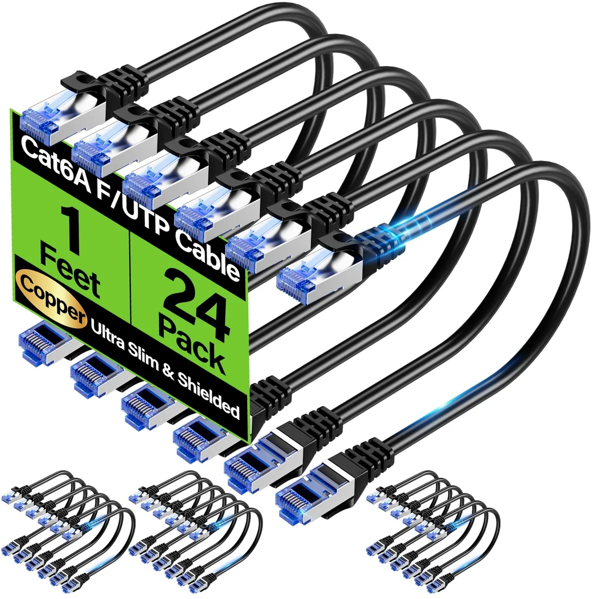 TuokaJu Cat6A Shielded Ethernet Cable 10Gbps 1ft 24-pack 28AWG 4.5mm Black — product photo