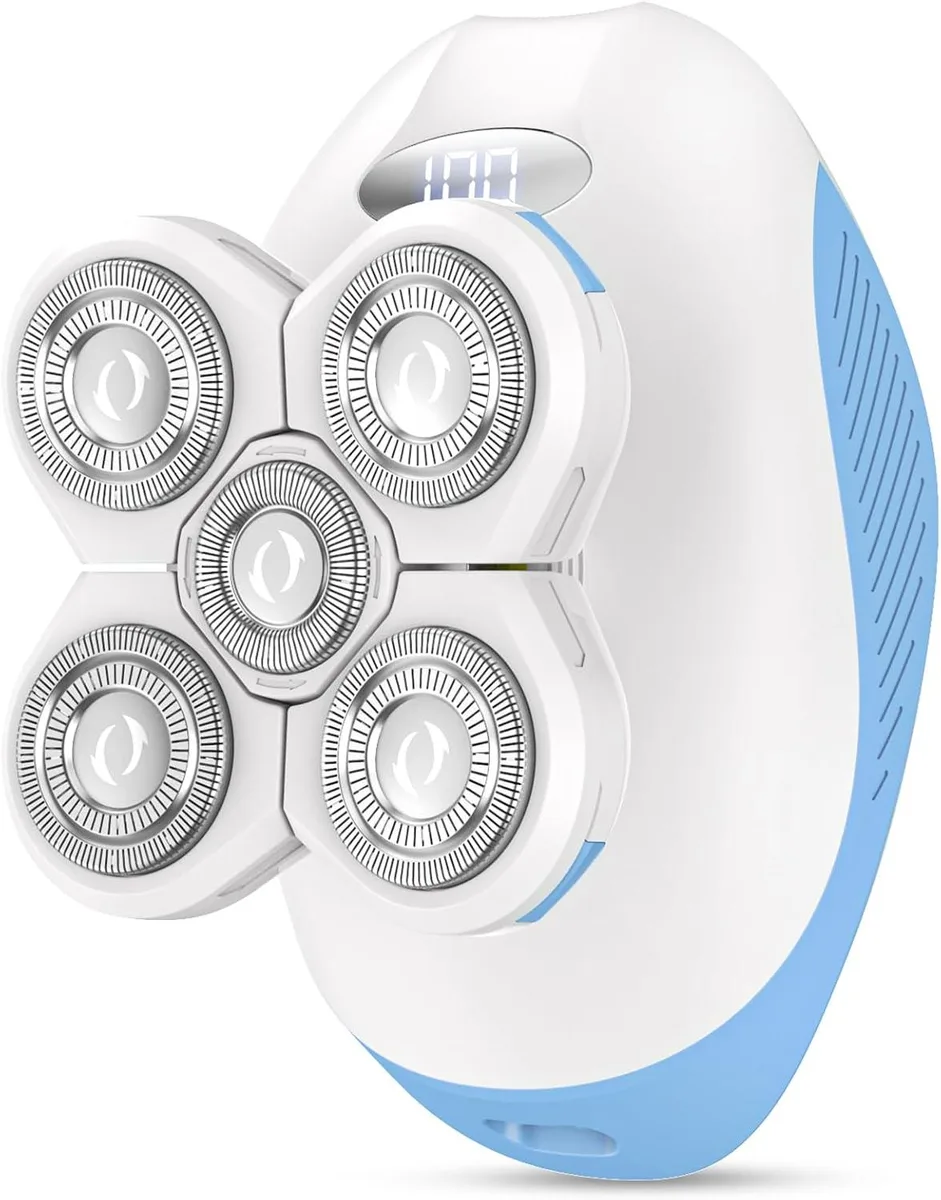 Rose-coloured five-head electric shaver with anti-slip silicone grip