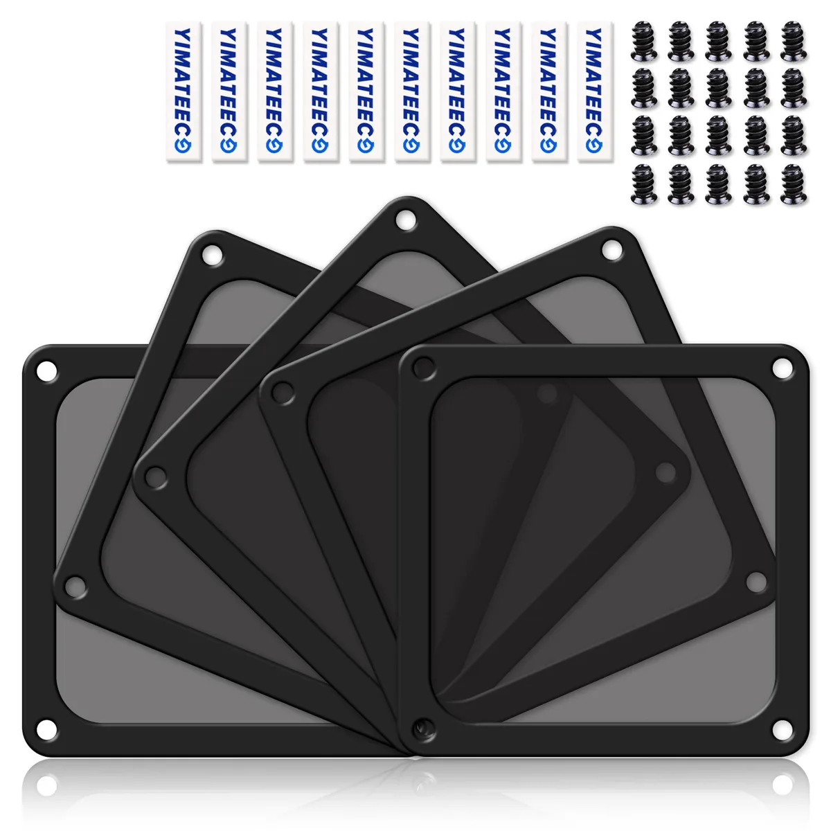 Five black 140mm square magnetic mesh filters with gel pads and screws