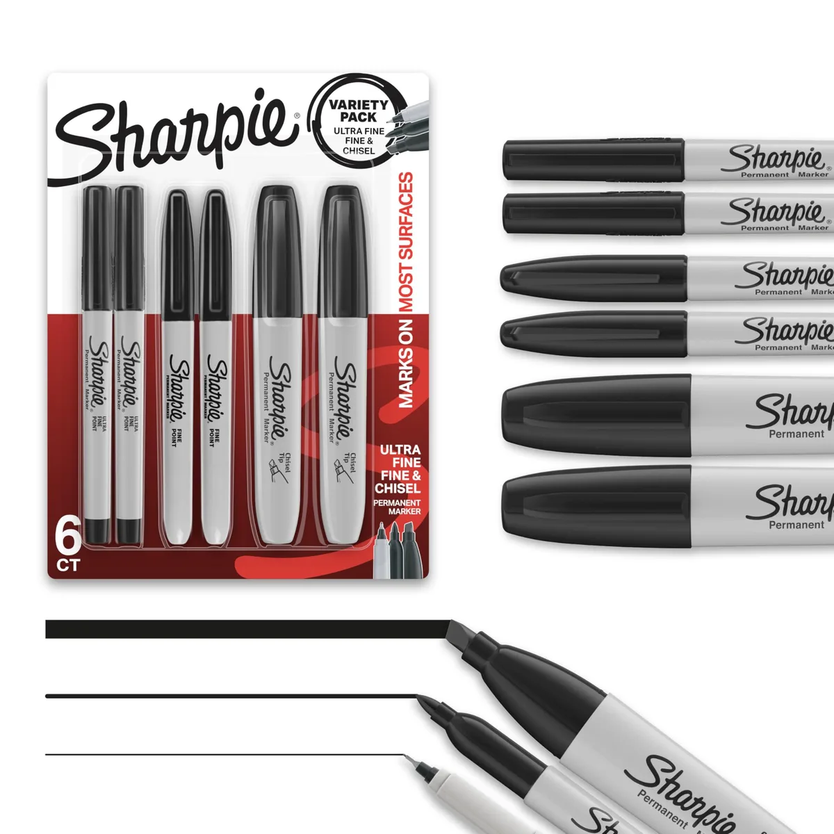 Sharpie Permanent Markers Variety Pack Black 6 Count Chisel Fine Ultra-Fine Tips — product photo