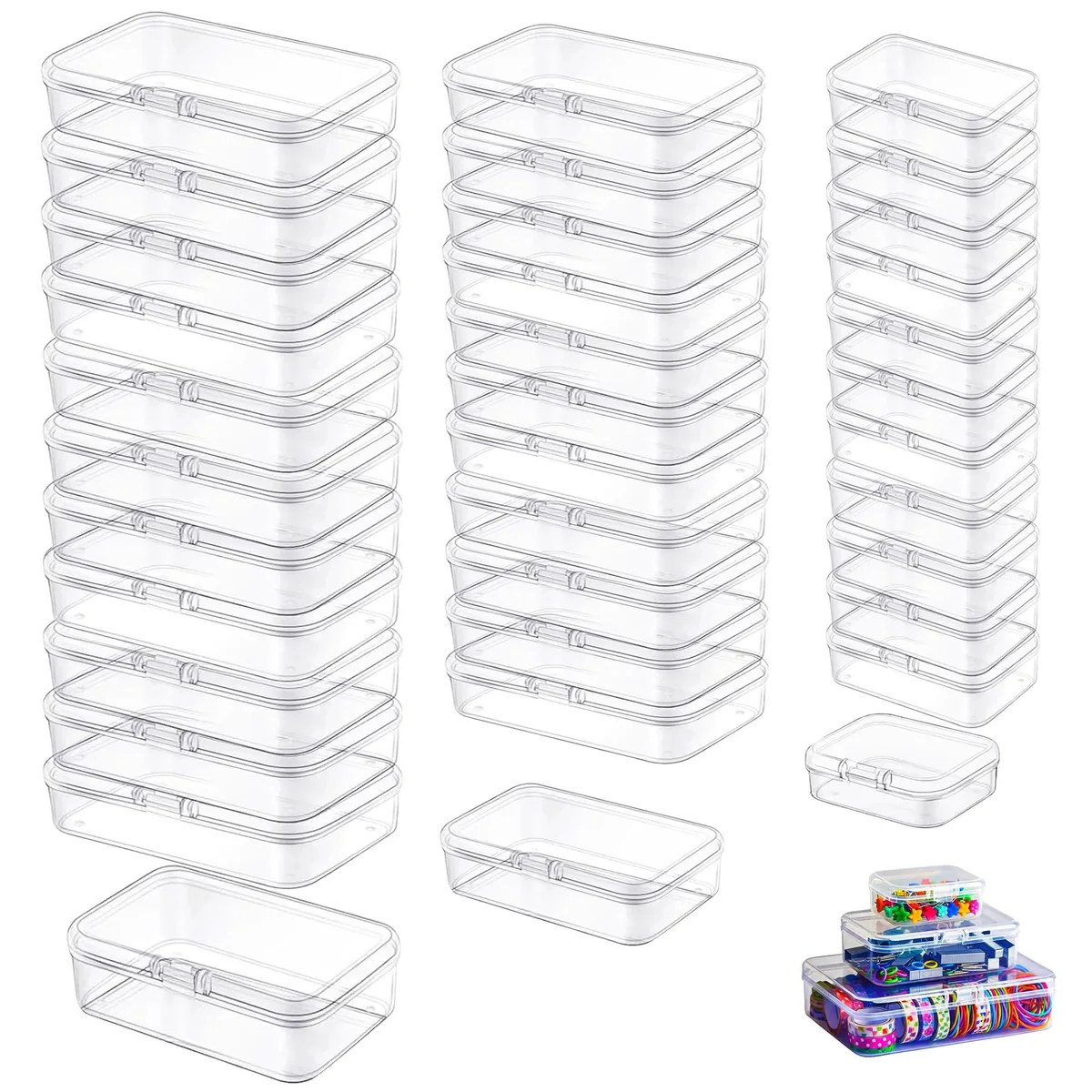 36 clear rectangular plastic boxes with lids in three sizes