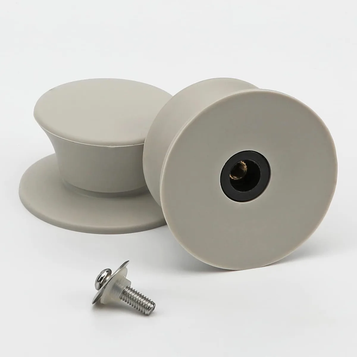Two white silicone pot lid knobs with screws and washers