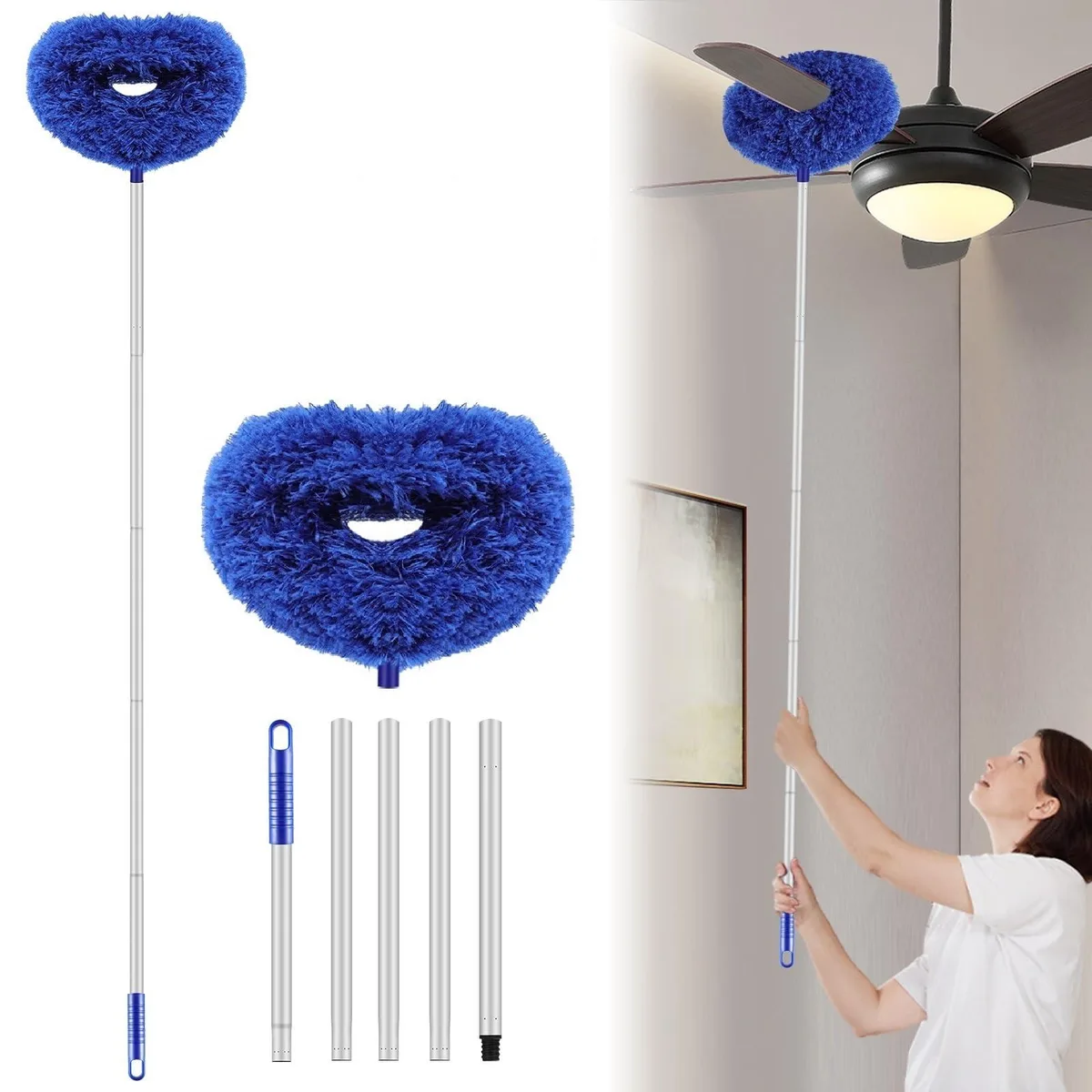 Blue microfiber duster head on extendable aluminium pole, 30 to 66 inch reach