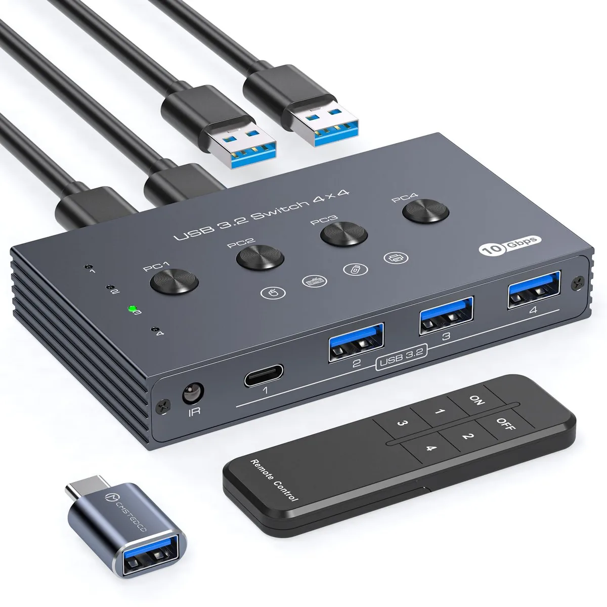 A compact black box with four USB ports and a remote control
